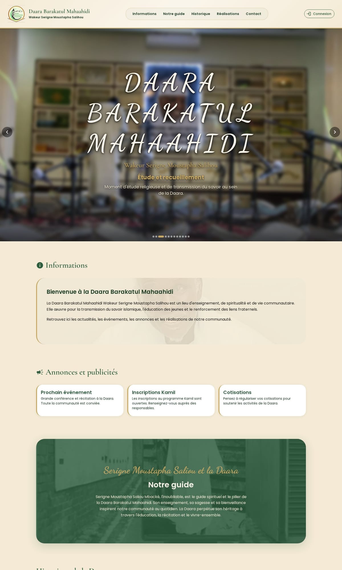 Screenshot of the Daara Barakatul Mahaahidi — management platform website