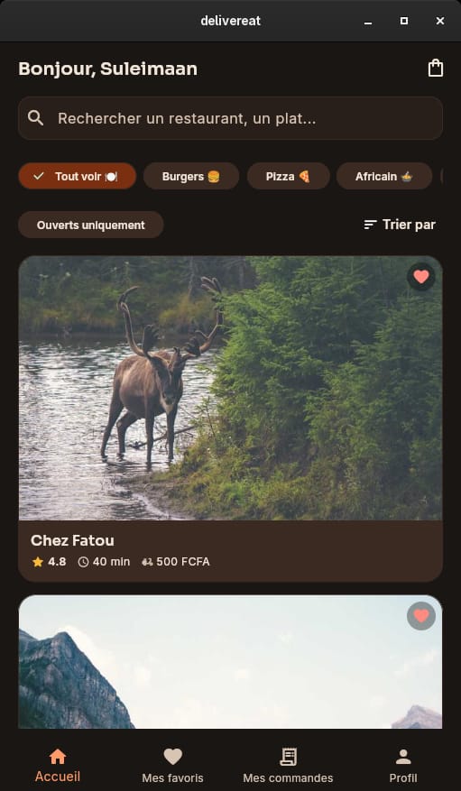 Capture d’écran du site DeliverEat — livraison de repas à Dakar (1/3)
