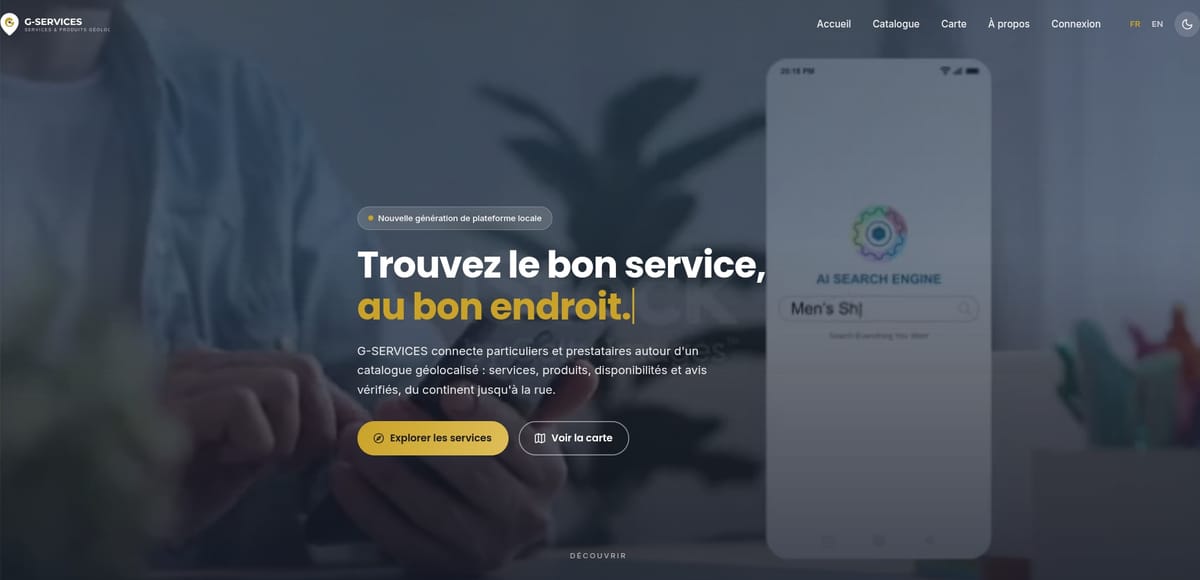 Screenshot of the G-SERVICES — geolocated services and products website